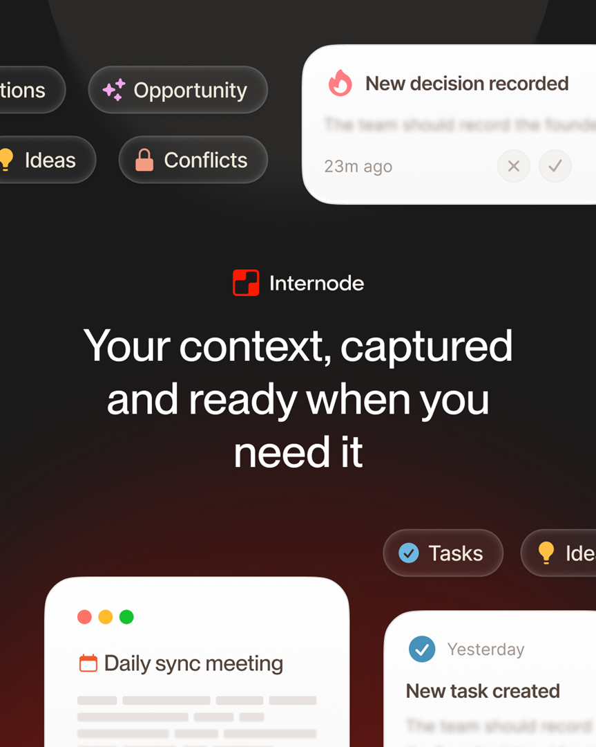 Internode captures team context, opportunities, ideas, conflicts, tasks and decisions, so knowledge is ready when you need it.