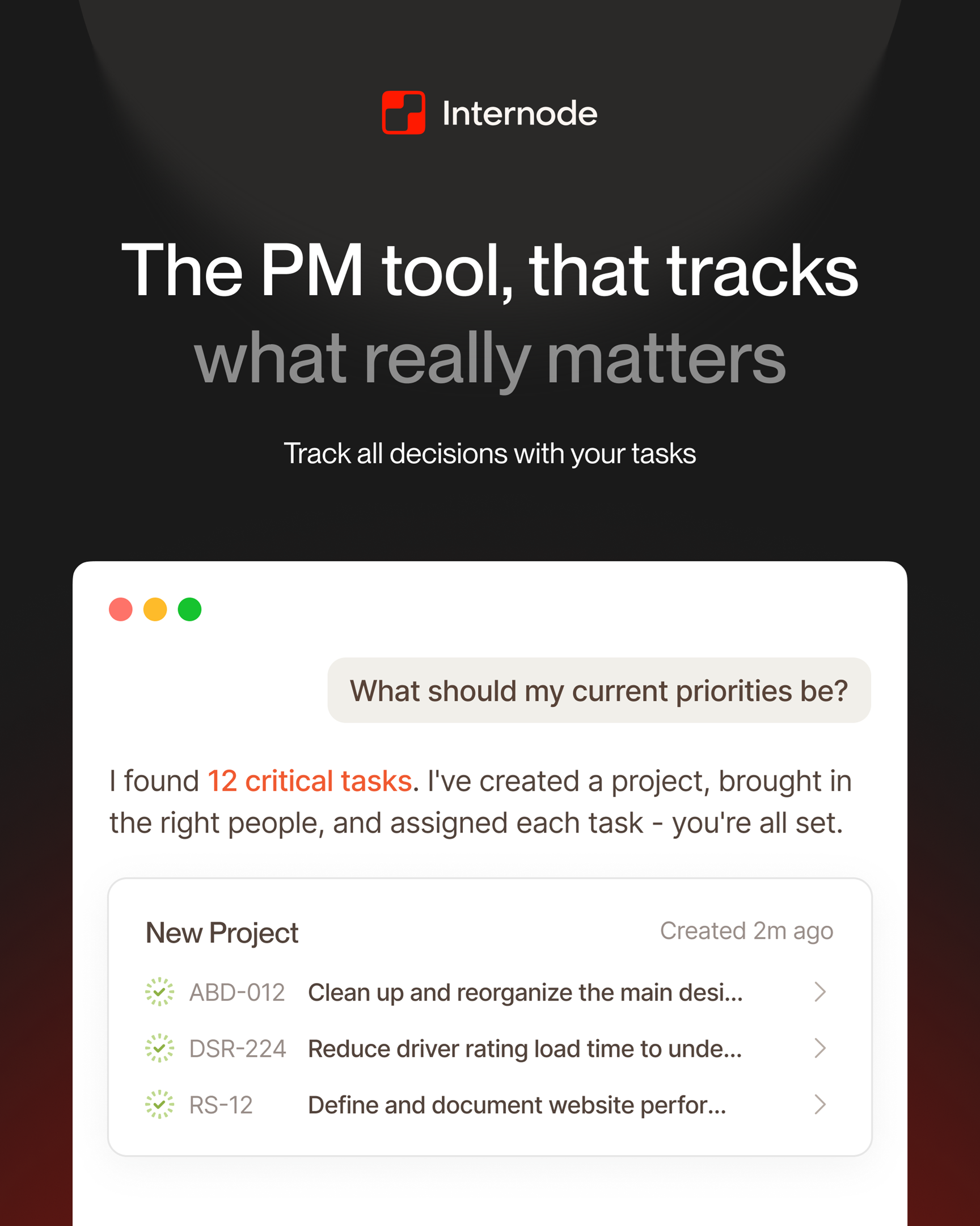Internode AI project management assistant answering current priorities and seeding a new project with ready-to-go tasks.