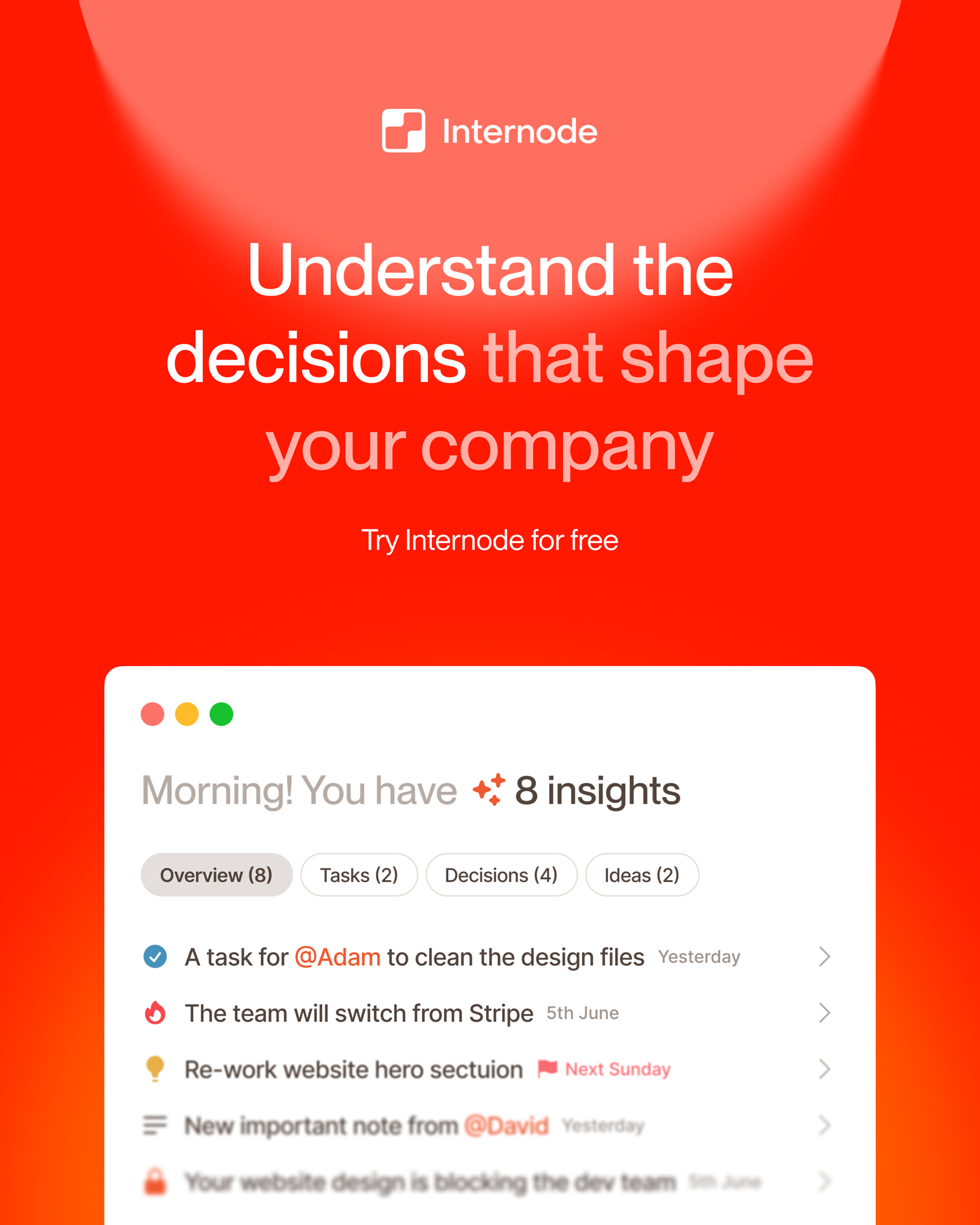 Internode free-trial landing graphic showing morning insights, filter chips and a unified list of tasks, decisions, ideas and blockers.